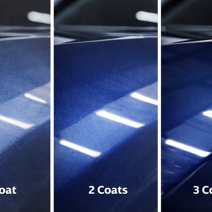 Side by side comparison showing 1 coat, 2 coats and 3 coats of car lacquer on a blue car panel with increasing gloss and shine.