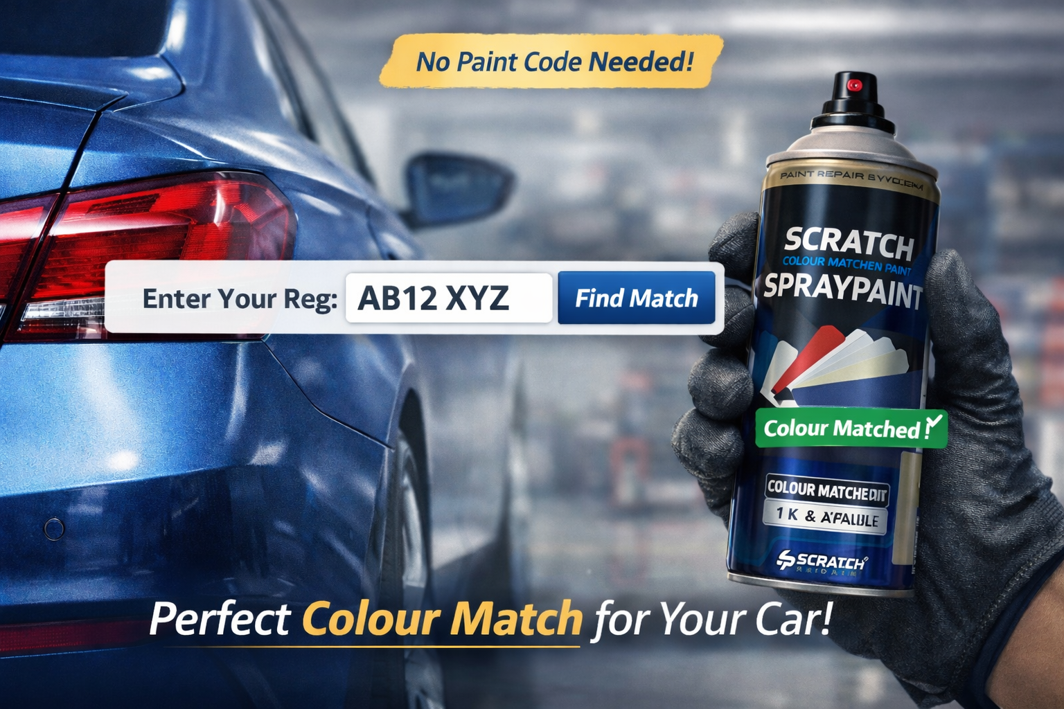 Car spray paint colour match service showing a blue car, registration lookup box, and ScratchRepair colour matched spray paint can, highlighting no paint code needed.
