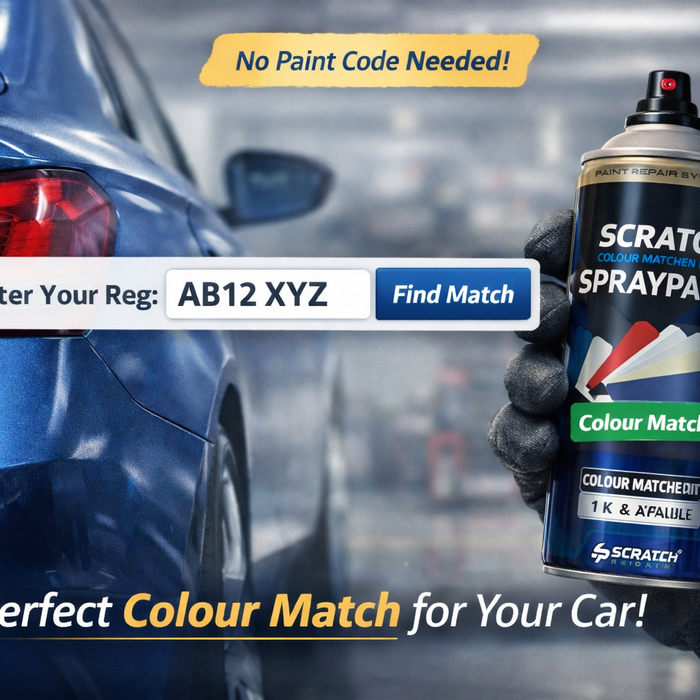 Car spray paint colour match service showing a blue car, registration lookup box, and ScratchRepair colour matched spray paint can, highlighting no paint code needed.