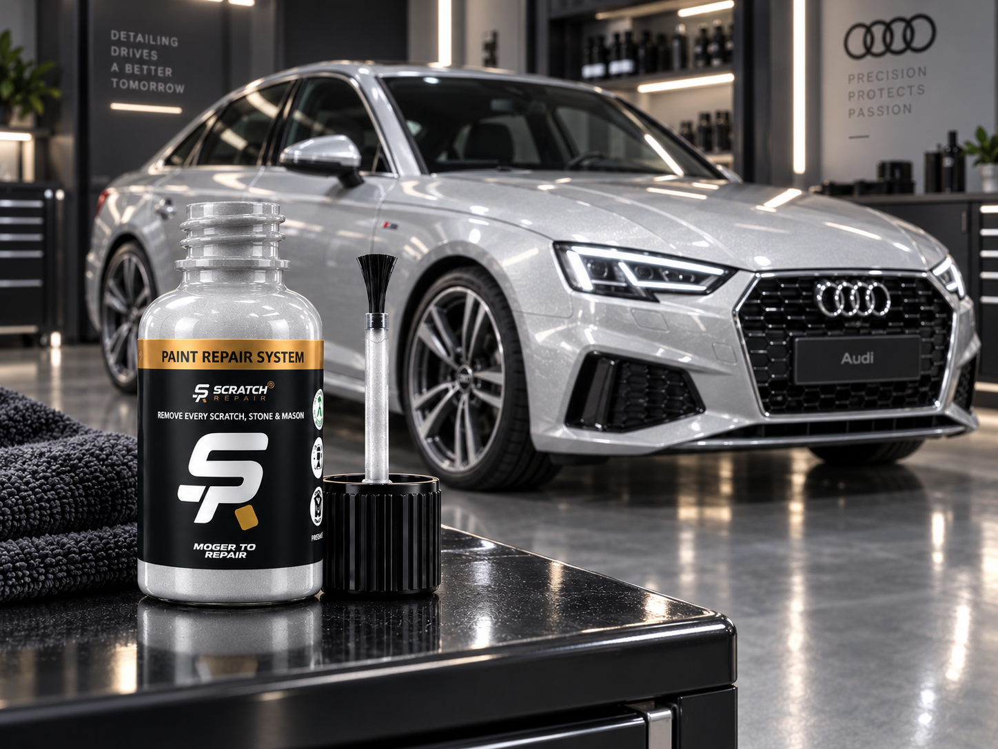 Audi Floret Silver LZ7G paint colour with Scratch Repair branded touch up paint bottle