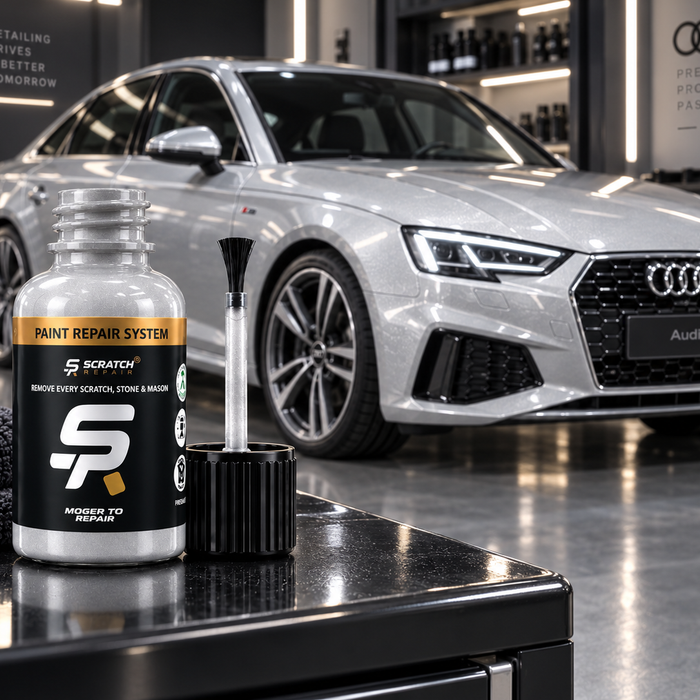 Audi Floret Silver LZ7G paint colour with Scratch Repair branded touch up paint bottle