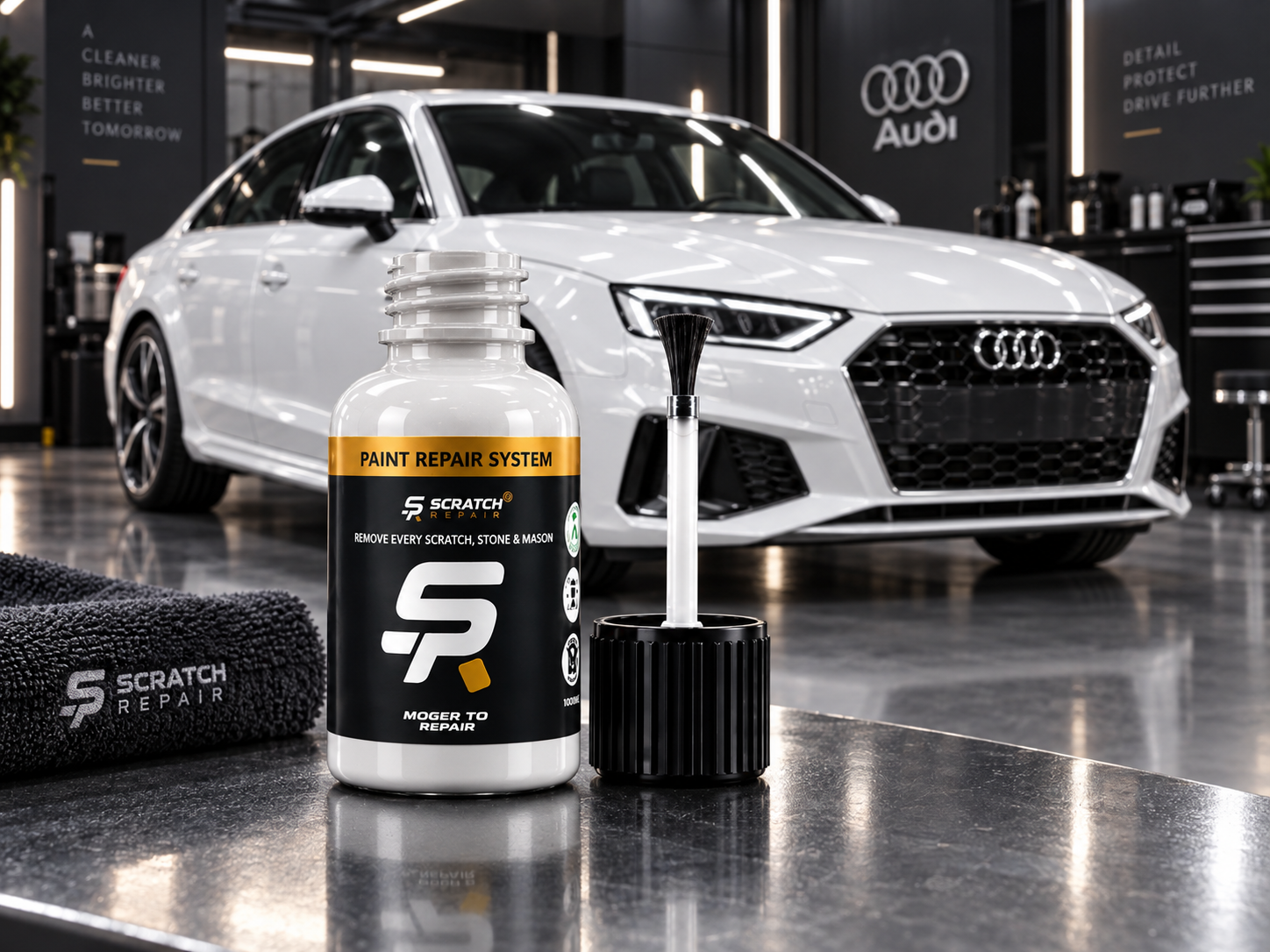 Audi Ibis White LY9C paint colour with Scratch Repair branded touch up paint bottle