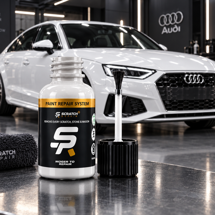 Audi Ibis White LY9C paint colour with Scratch Repair branded touch up paint bottle
