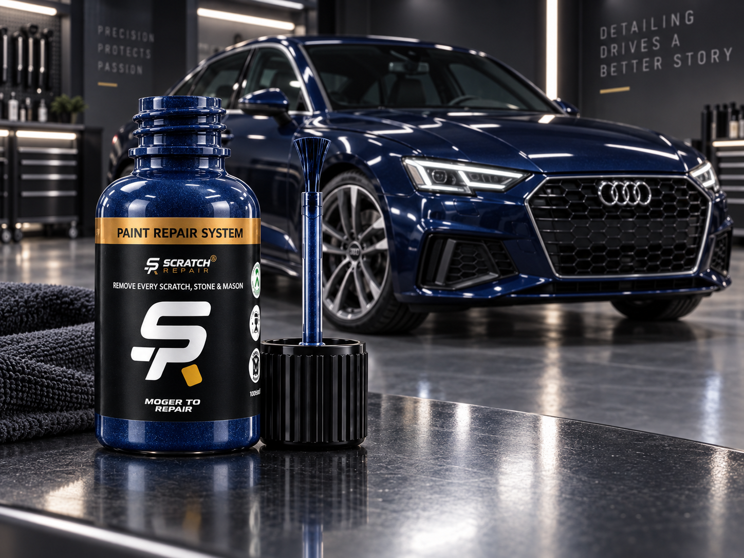 Audi Navarra Blue LX5H paint colour with Scratch Repair branded touch up paint bottle