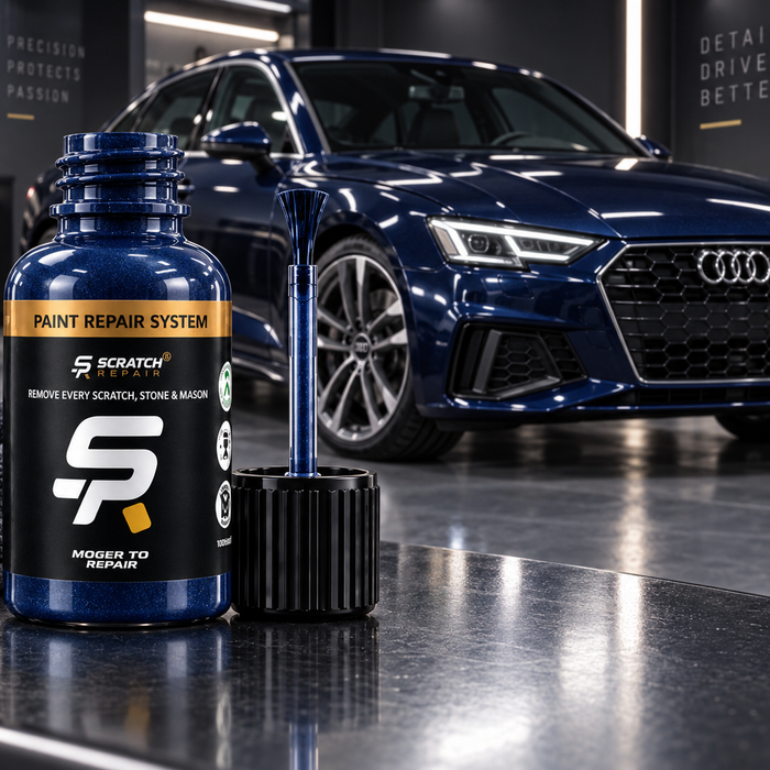 Audi Navarra Blue LX5H paint colour with Scratch Repair branded touch up paint bottle
