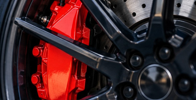 Illustrative glossy red painted brake caliper behind a black alloy wheel – best brake caliper paint UK guide