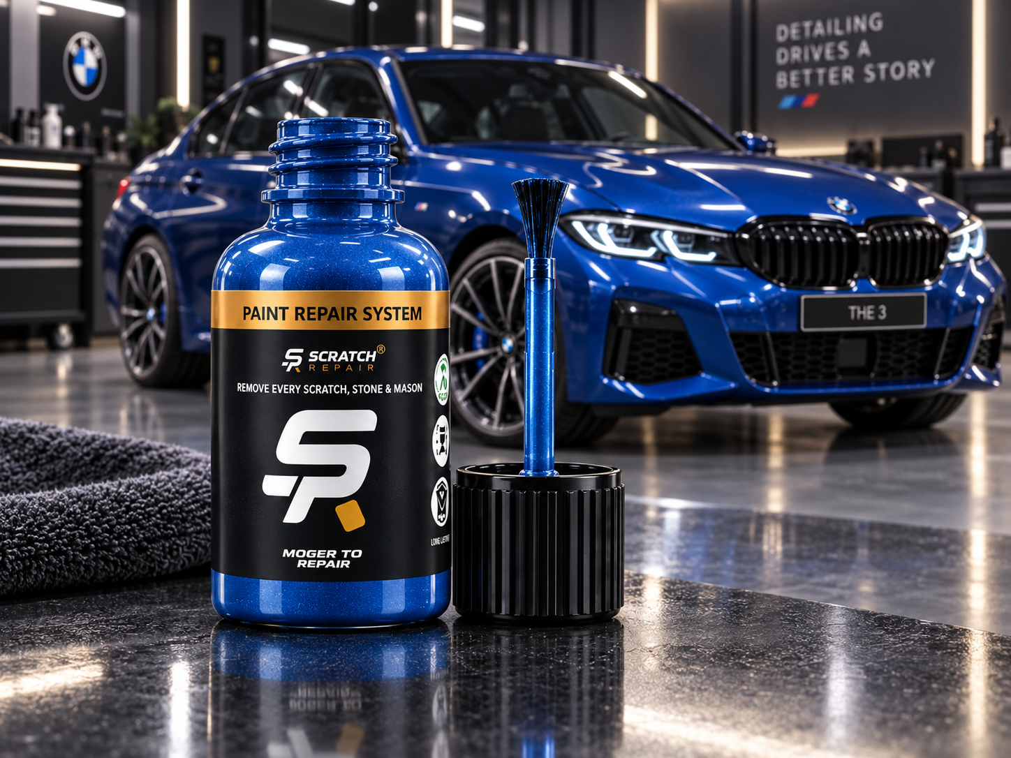 BMW Portimao Blue C31 paint colour with Scratch Repair branded touch up paint bottle