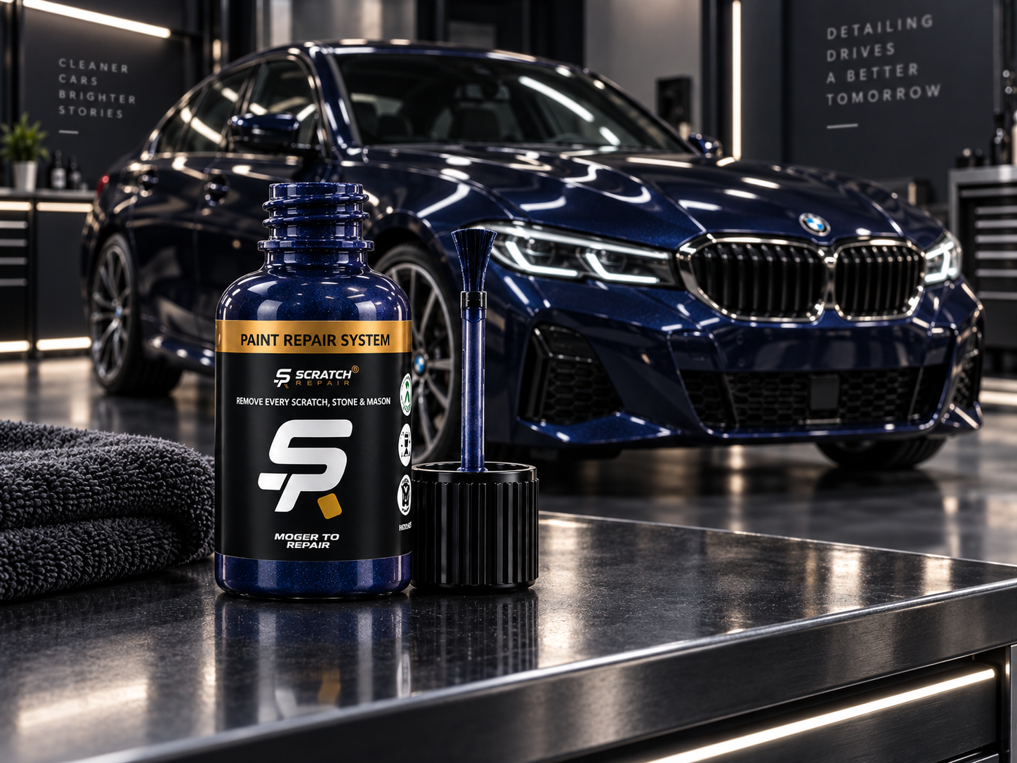 BMW Tanzanite Blue C3Z paint colour with Scratch Repair branded touch up paint bottle