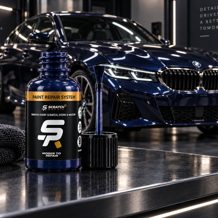 BMW Tanzanite Blue C3Z paint colour with Scratch Repair branded touch up paint bottle