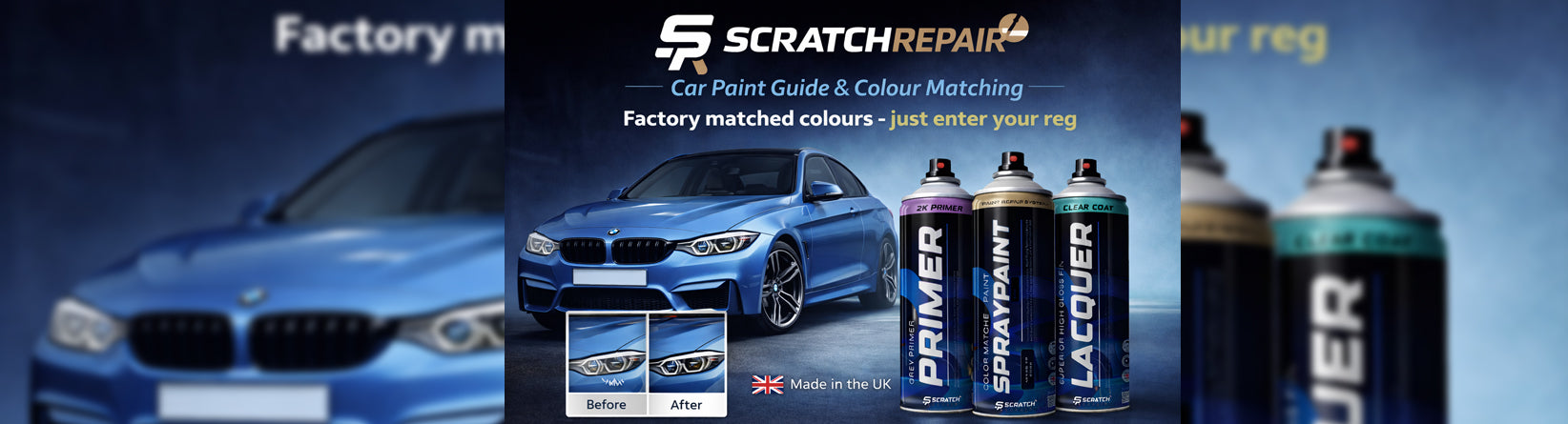 Promotional image showing a blue BMW car alongside ScratchRepair colour matched spray paint cans for primer, base coat and clear coat, promoting easy car paint matching by registration.
