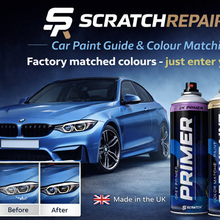 Promotional image showing a blue BMW car alongside ScratchRepair colour matched spray paint cans for primer, base coat and clear coat, promoting easy car paint matching by registration.