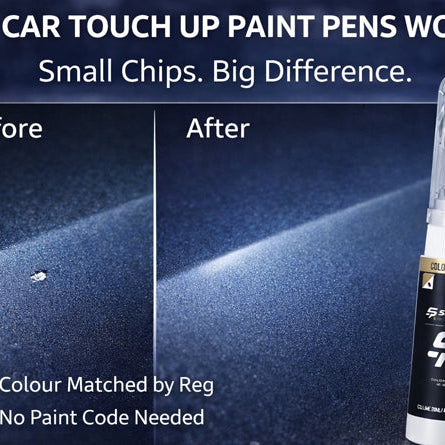Before and after car stone chip repair using a colour matched car touch up paint pen showing improved finish.