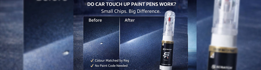Before and after car stone chip repair using a colour matched car touch up paint pen showing improved finish.