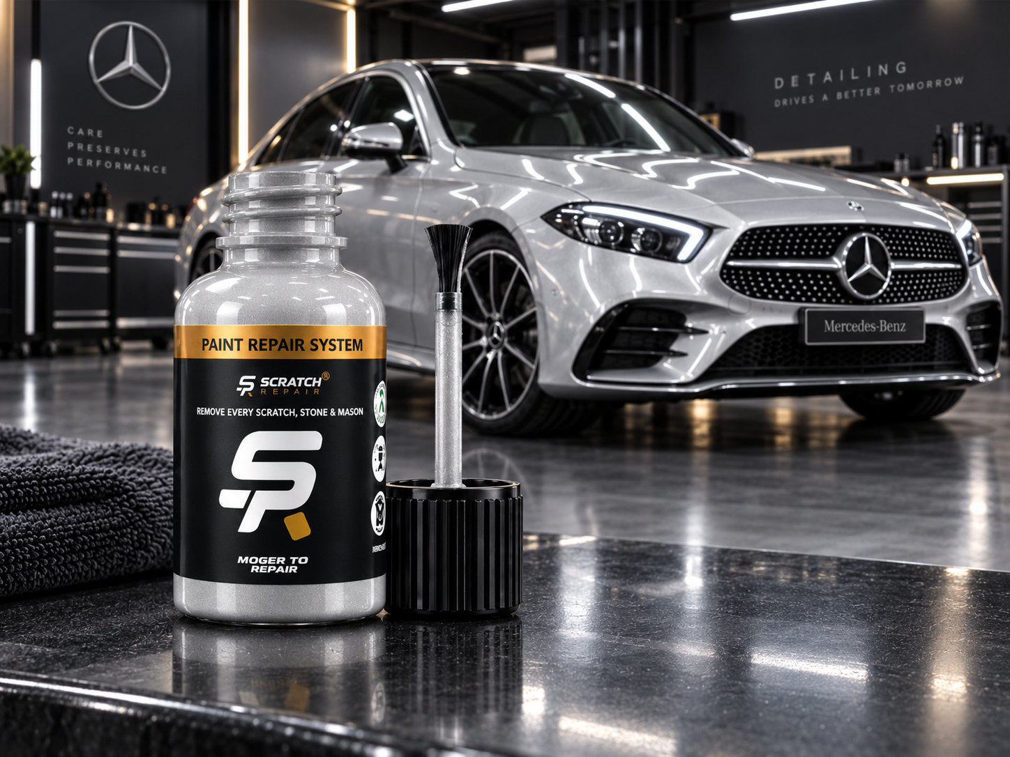 Mercedes Iridium Silver 775 paint colour with Scratch Repair branded touch up paint bottle