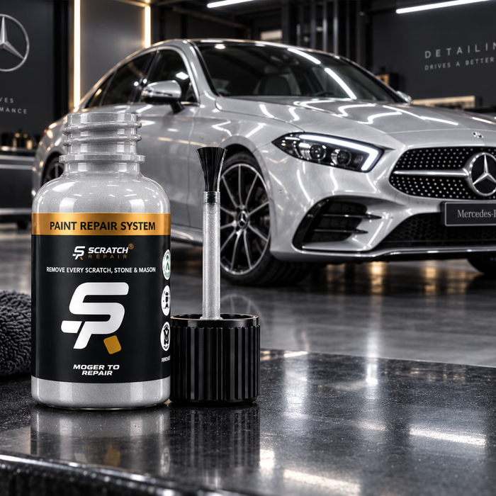Mercedes Iridium Silver 775 paint colour with Scratch Repair branded touch up paint bottle
