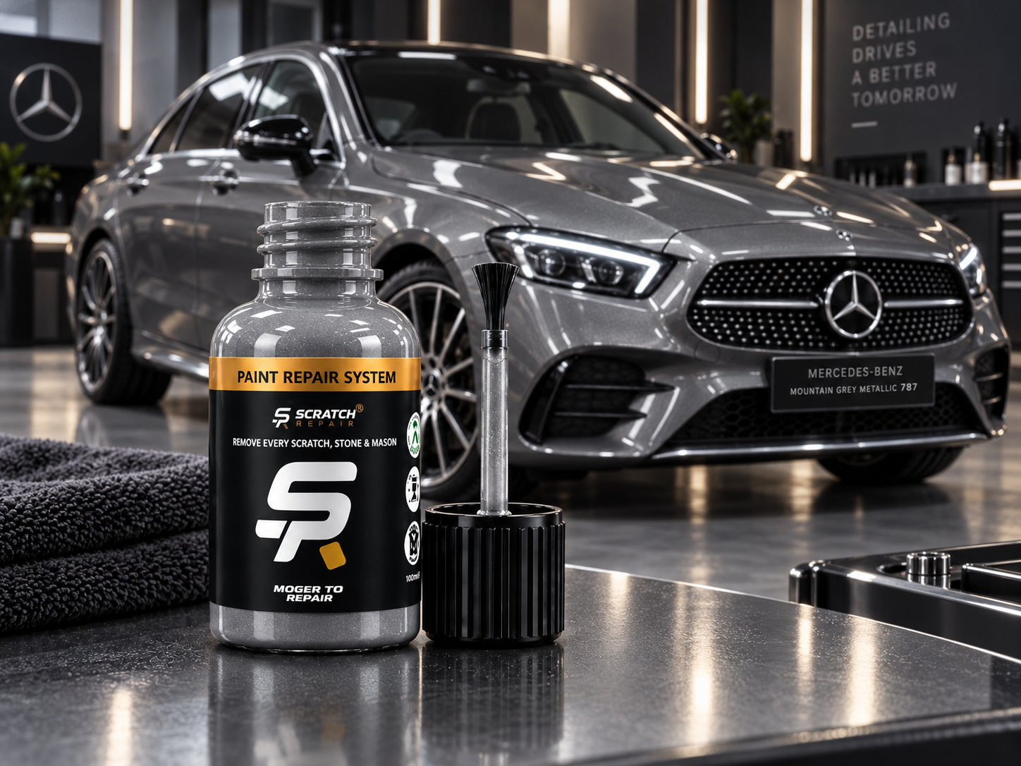 Mercedes Mountain Grey 787 paint colour with Scratch Repair branded touch up paint bottle
