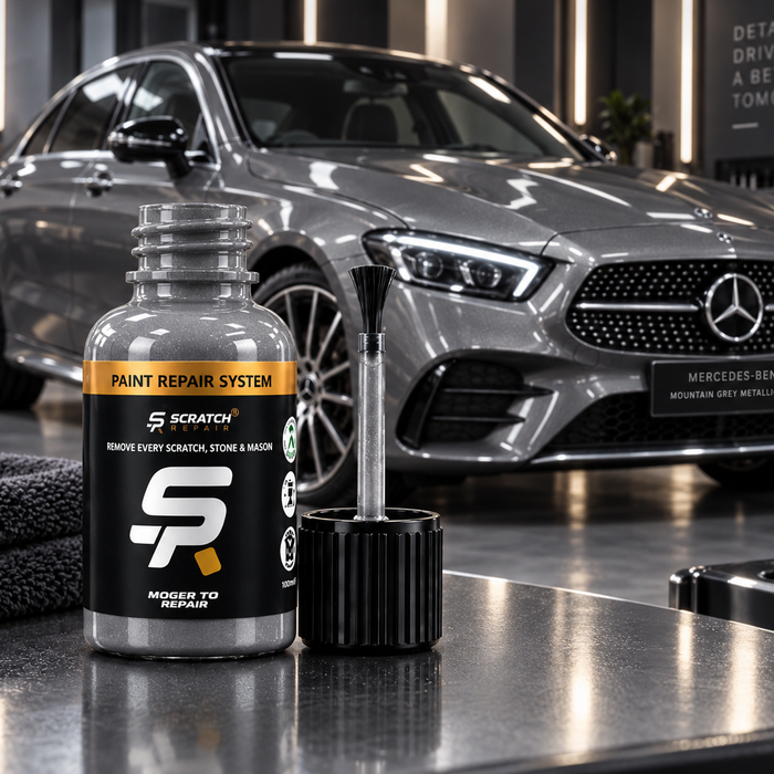 Mercedes Mountain Grey 787 paint colour with Scratch Repair branded touch up paint bottle