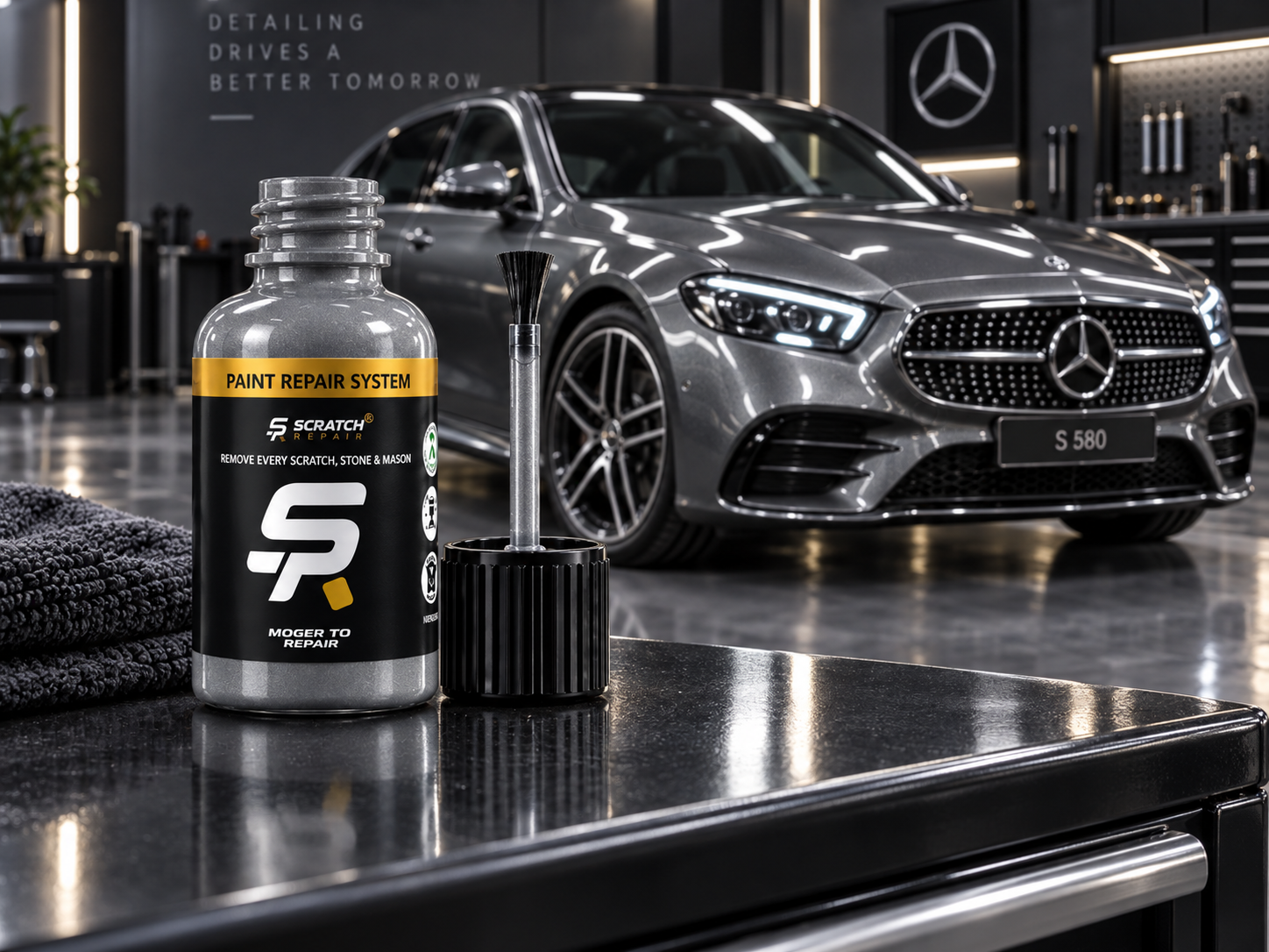 Mercedes Selenite Grey 992 paint colour with Scratch Repair branded touch up paint bottle