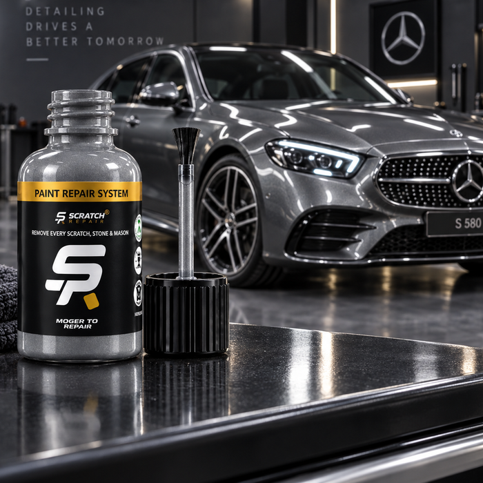 Mercedes Selenite Grey 992 paint colour with Scratch Repair branded touch up paint bottle