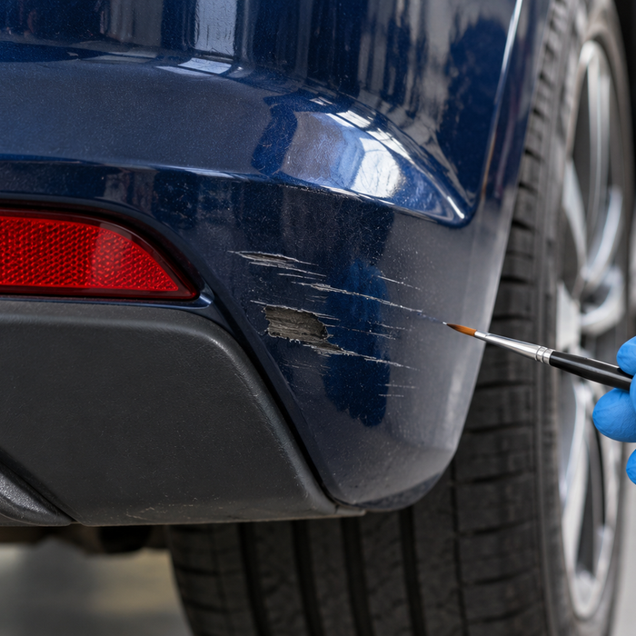Illustration of a small scuff and exposed plastic on a blue car bumper beside a fine touch-up brush