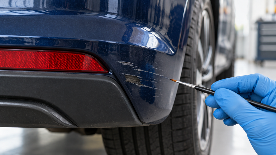 Illustration of a small scuff and exposed plastic on a blue car bumper beside a fine touch-up brush