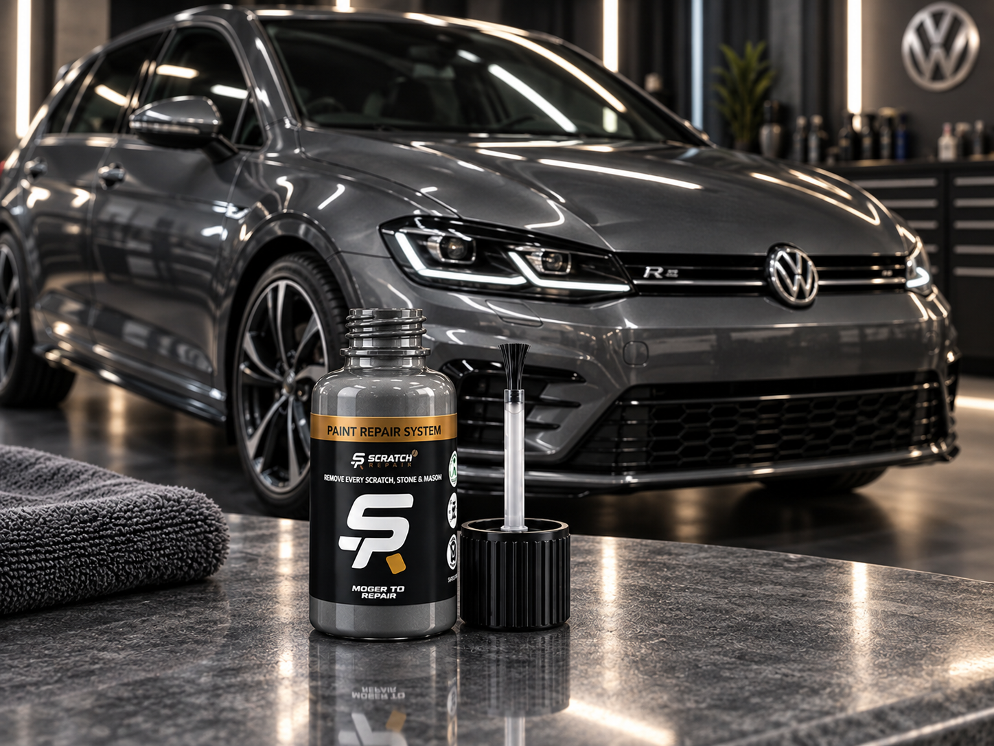 Volkswagen Indium Grey LR7H paint colour with Scratch Repair branded touch up paint bottle