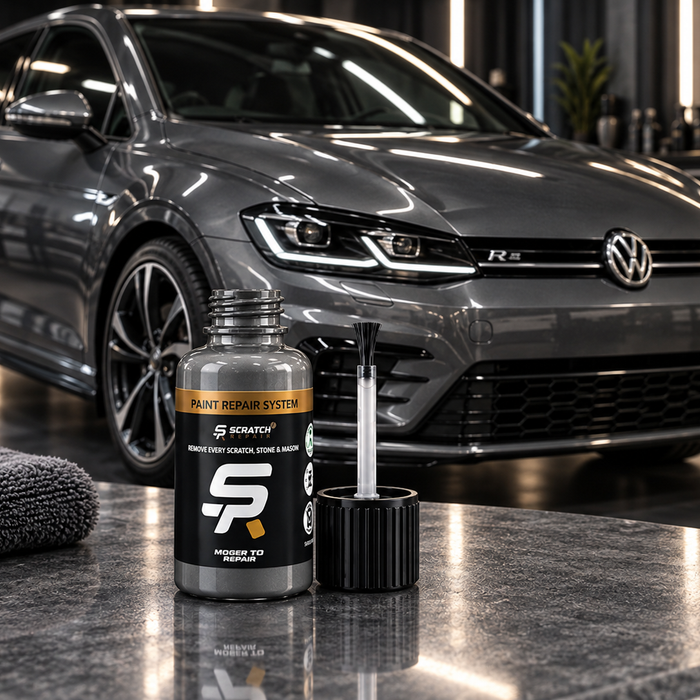 Volkswagen Indium Grey LR7H paint colour with Scratch Repair branded touch up paint bottle