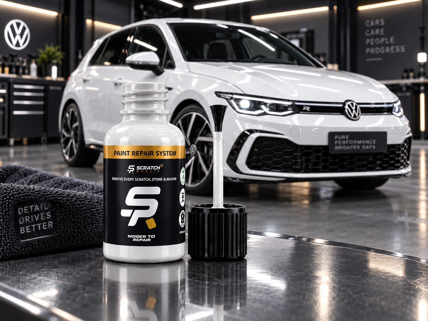 Volkswagen Pure White LC9A paint colour with Scratch Repair branded touch up paint bottle
