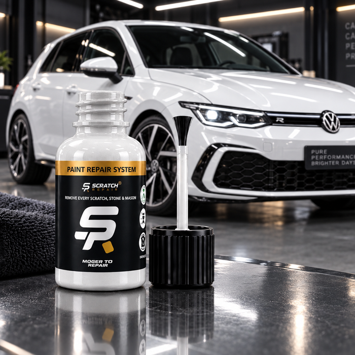 Volkswagen Pure White LC9A paint colour with Scratch Repair branded touch up paint bottle