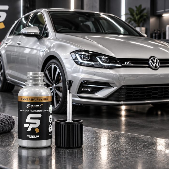 Volkswagen Reflex Silver LA7W paint colour with Scratch Repair branded touch up paint bottle