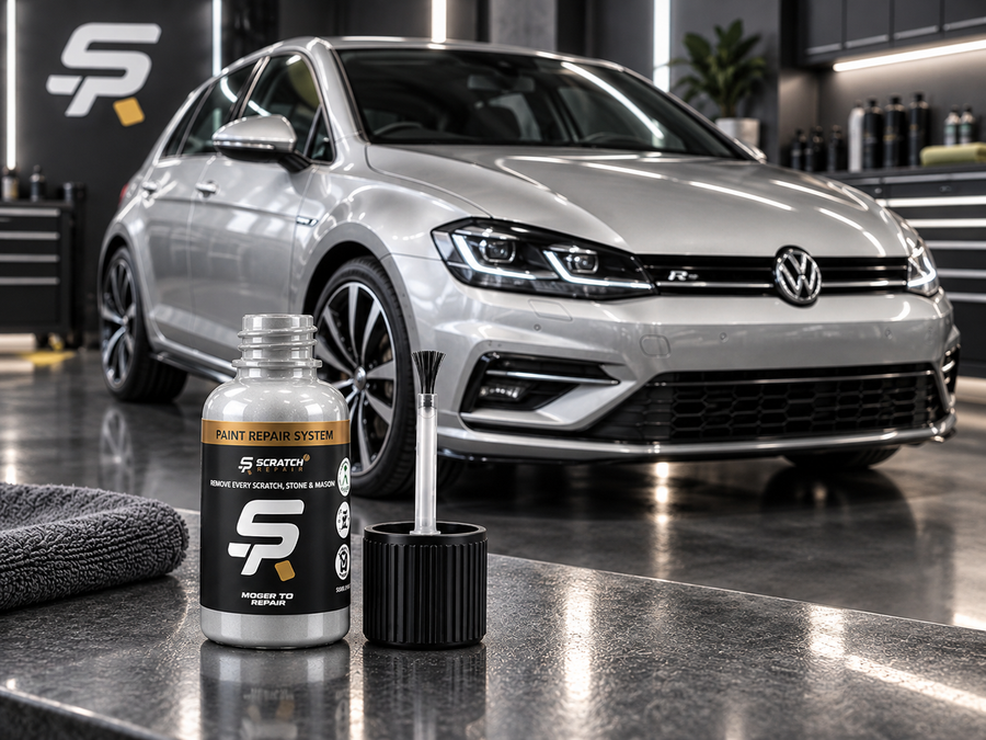 Volkswagen Reflex Silver LA7W paint colour with Scratch Repair branded touch up paint bottle
