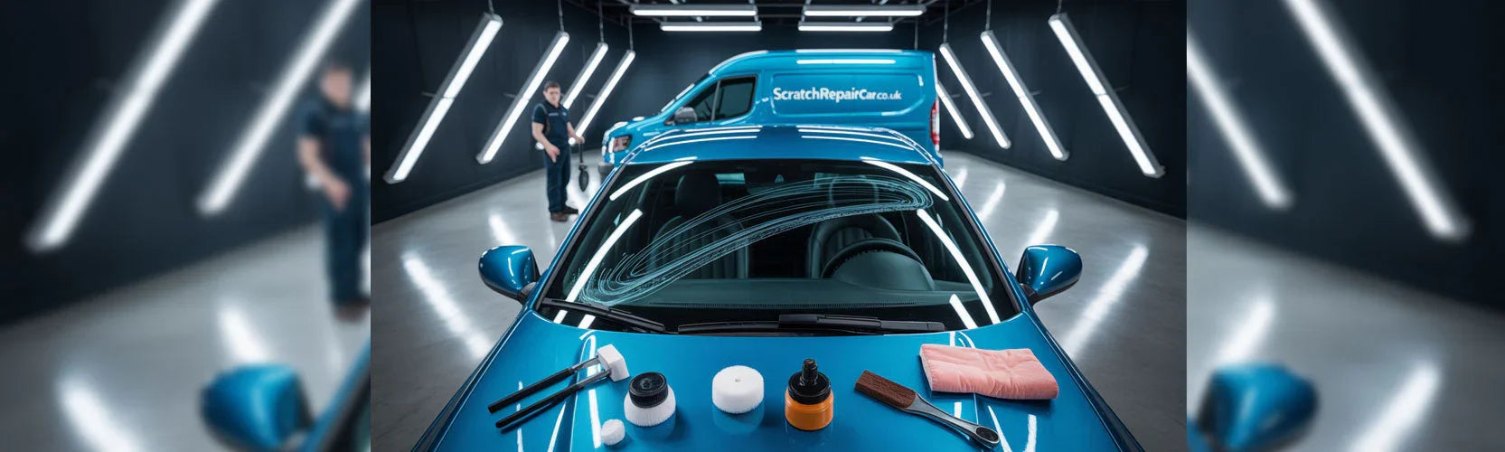 Dark grey car with clear windshield and bold title text: How to Buff Out Scratches on a Car Windshield, on a blue background