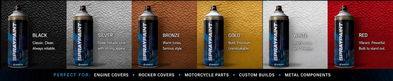 Wrinkle paint spray cans in multiple colours displayed on a workbench with engine parts, showcasing textured crinkle finish automotive coatings by Scratch Paints
