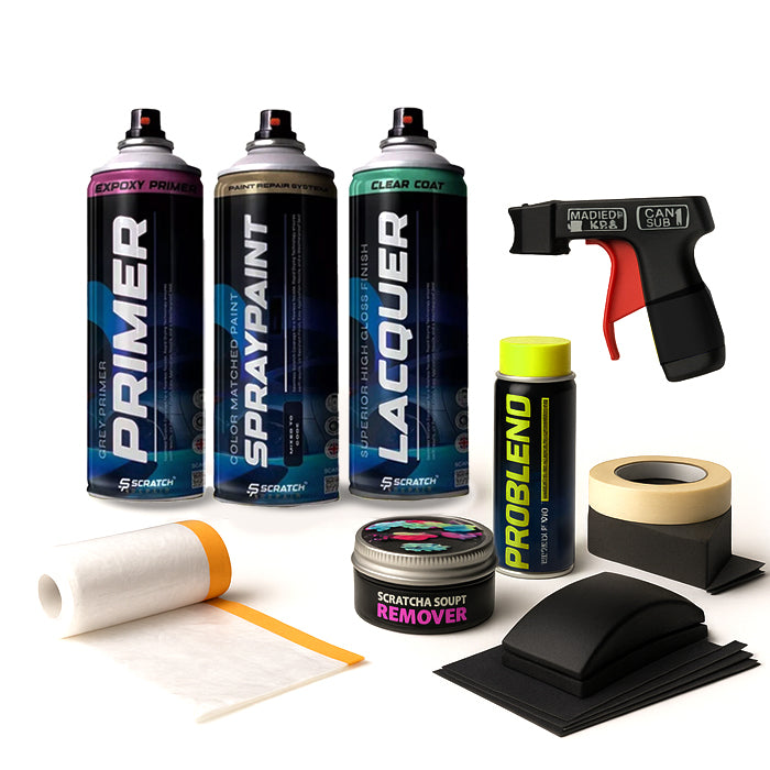 Collection of spray paint cans, a spray gun, and related tools on a white background

