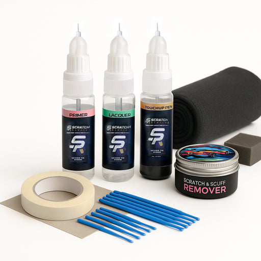 Automotive repair products including bottles, a roll of tape, and a can on a white background