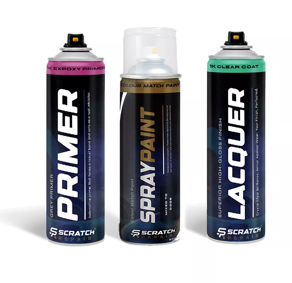 Three aerosol spray cans labeled Primer, Spray Paint, and Lacquer, each with a different color label and cap, against a white background.