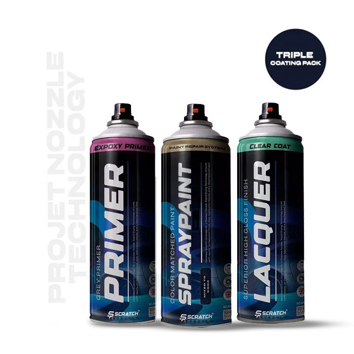 Three spray paint cans labeled 'Primer', 'Spraypaint', and 'Lacquer' with 'Scratch' branding on a white background.

